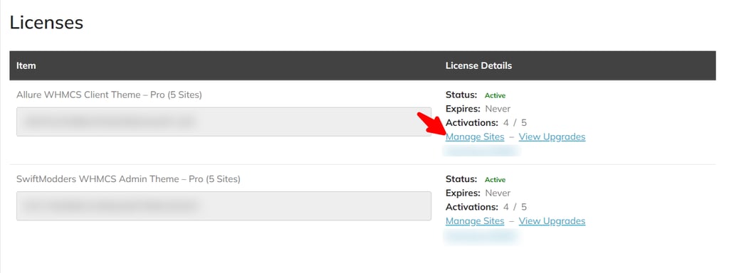 View all licenses in the SwiftModders account dashboard