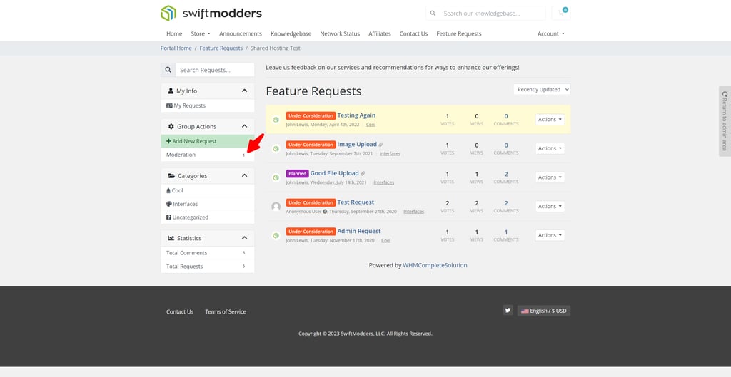 Accessing moderation tools in the SwiftModders WHMCS Feature Request module