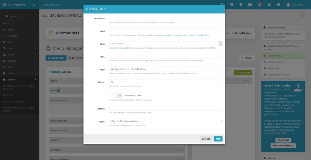 Adding a new menu item via the WHMCS Menu Manager