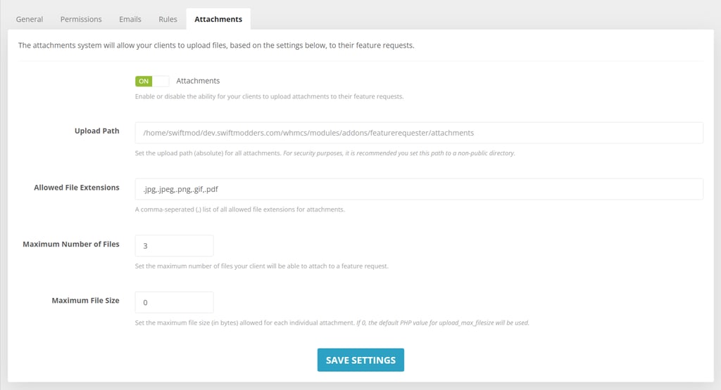 Attachment settings in the SwiftModders Feature Request module