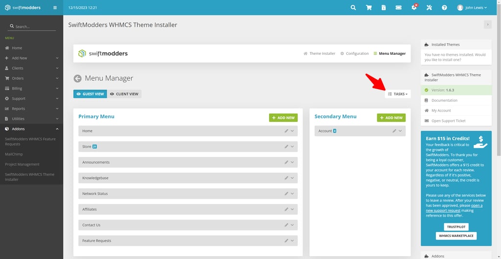 WHMCS Menu Manager tasks