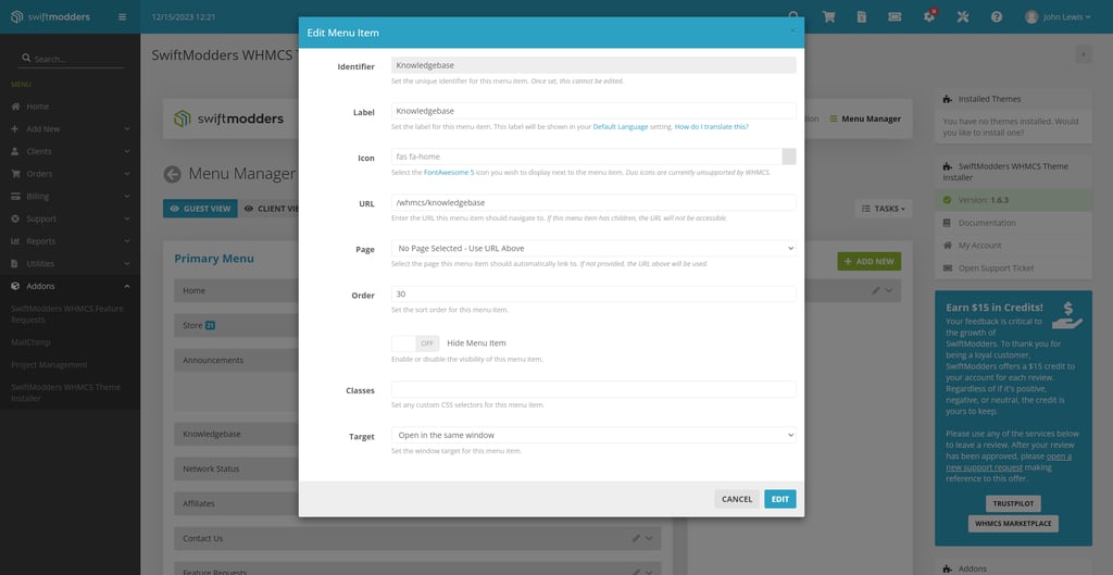 Editing a menu item via the WHMCS Menu Manager