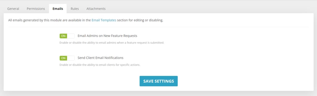 Email settings in the SwiftModders WHMCS Feature Request module