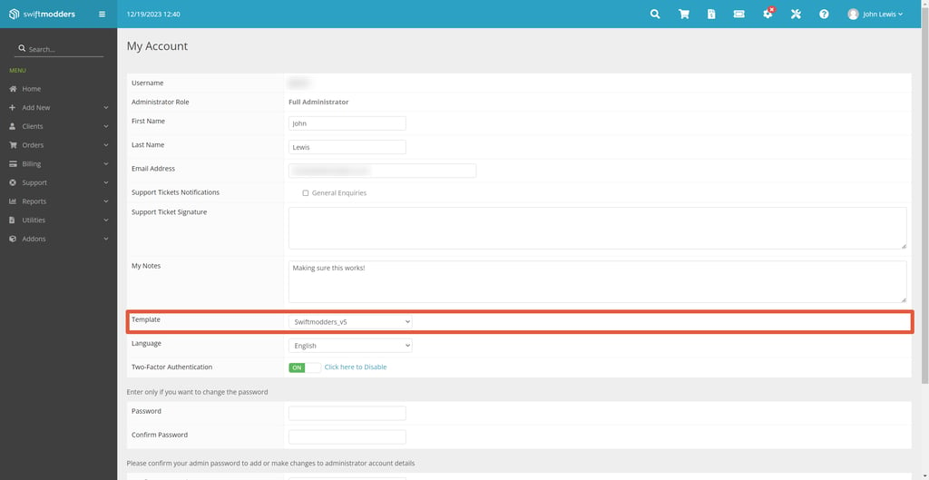 Changing the WHMCS admin template for your account