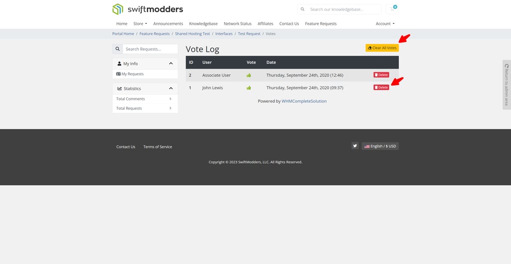 Vote log in the SwiftModders WHMCS Feature Request module