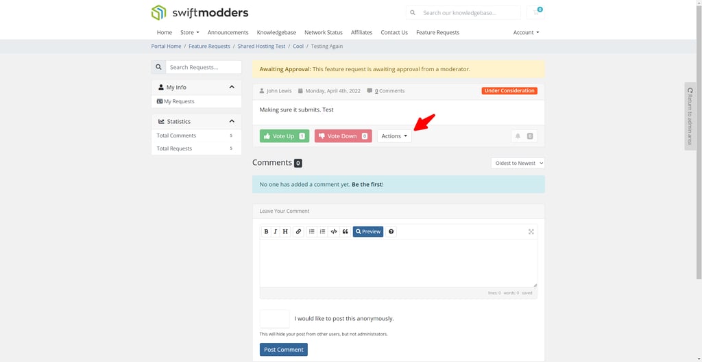 Moderation actions in the SwiftModders WHMCS Feature Request module