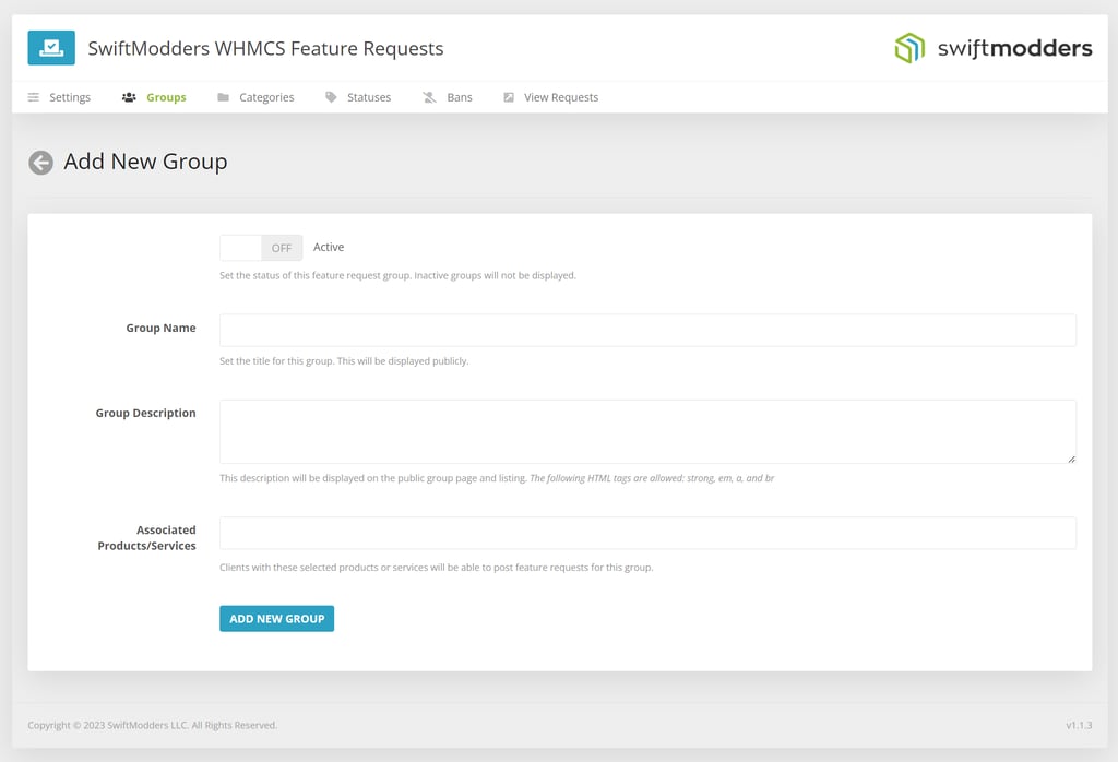 Add a product group in the SwiftModders WHMCS Feature Request module