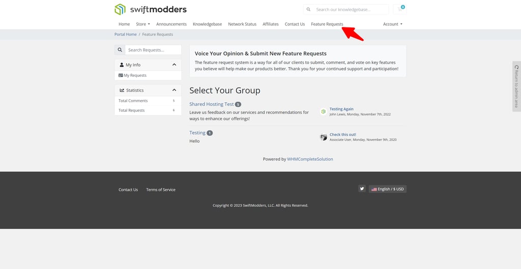 View the feature requests as a WHMCS Admin in the SwiftModders WHMCS Feature Request module