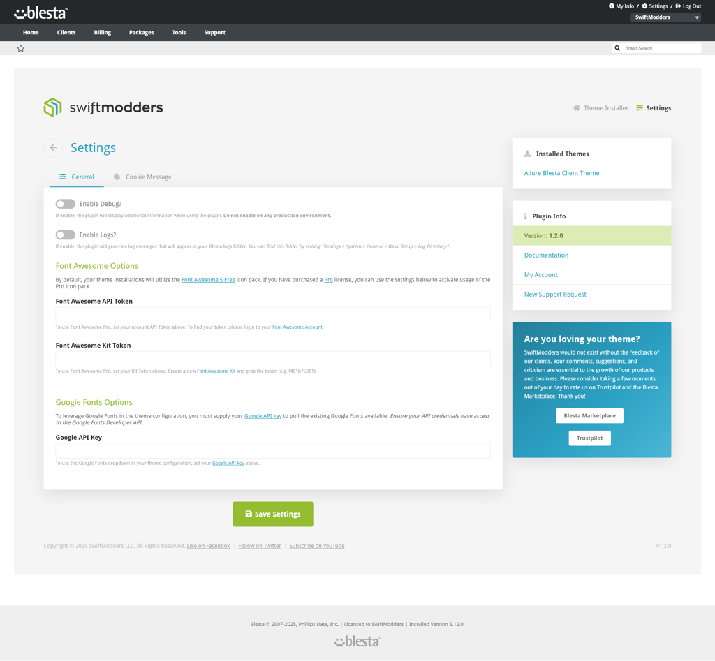 swiftmodders blesta theme installer settings 2025