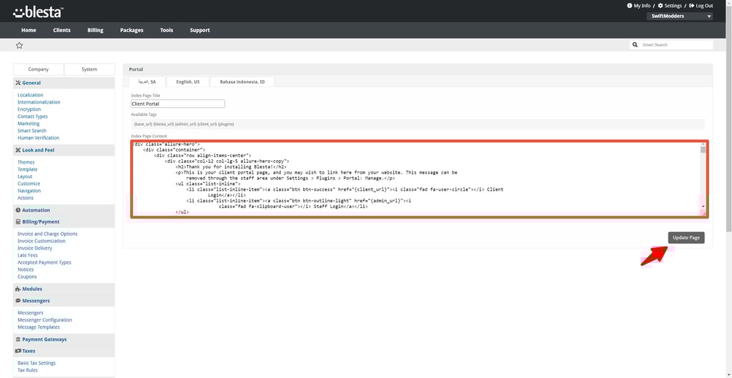 Update the Blesta portal index page