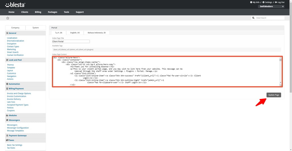 Update the Blesta portal index page
