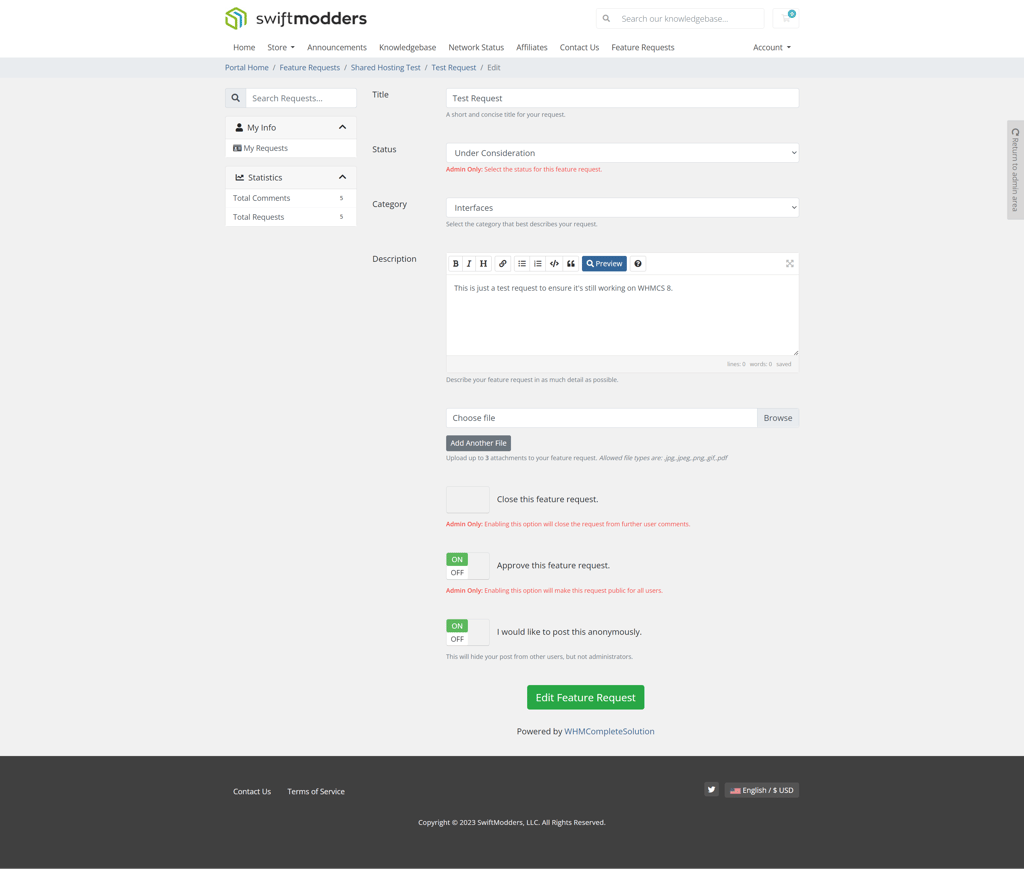 Editing a feature request in the SwiftModders WHMCS Feature Request module