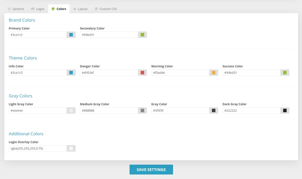 Color settings in the SwiftModders WHMCS Client Theme