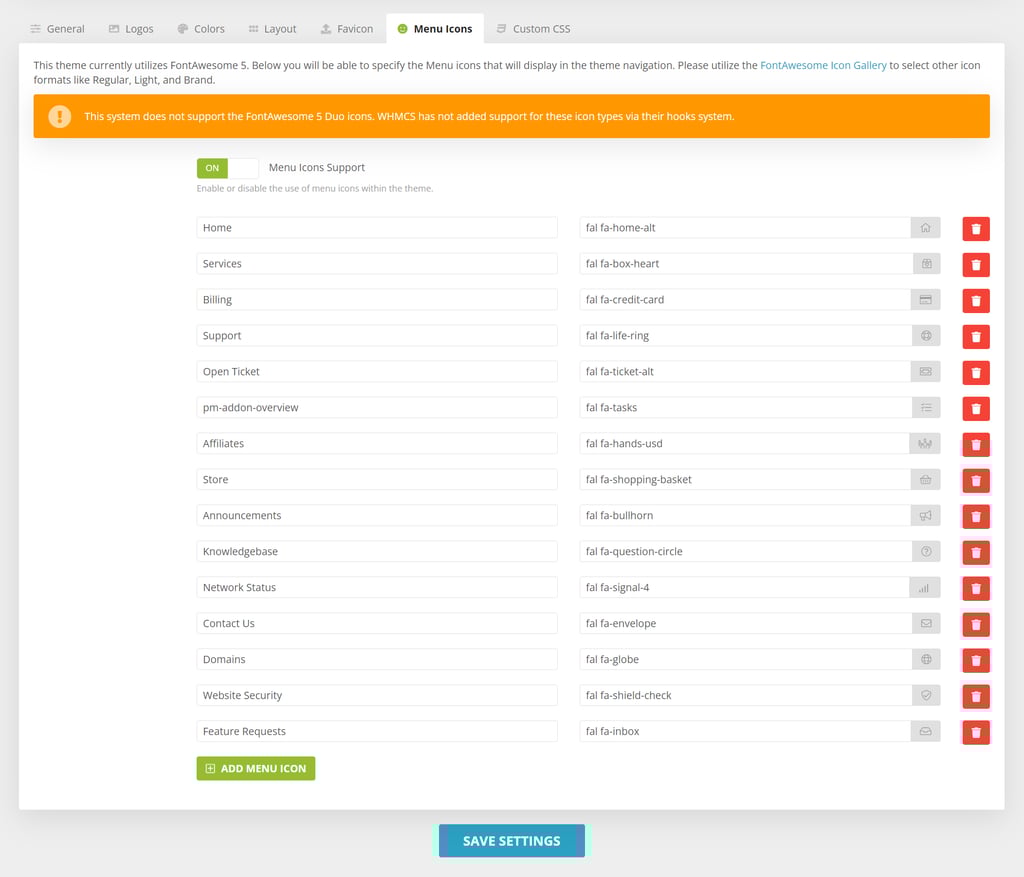 Menu icon editor for the Allure WHMCS Client Theme