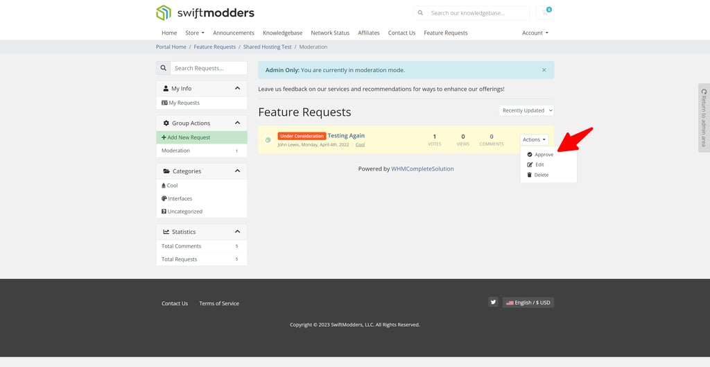 Moderation actions in the SwiftModders WHMCS Feature Request module