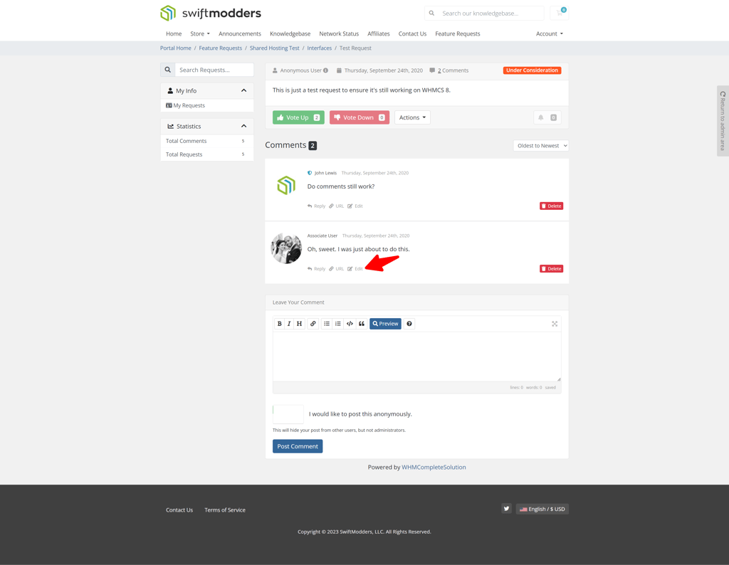 Editing a comment in the SwiftModders WHMCS Feature Request module