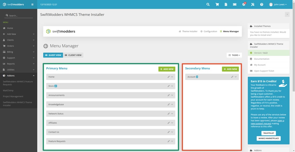 The menu locations for the WHMCS Menu Manager