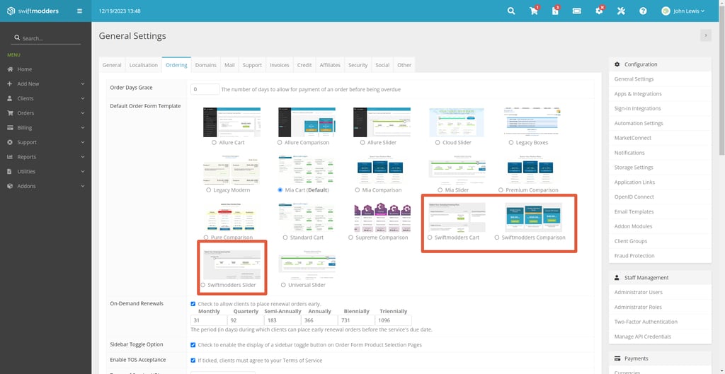 Change the default order form template in the SwiftModders WHMCS Client Theme