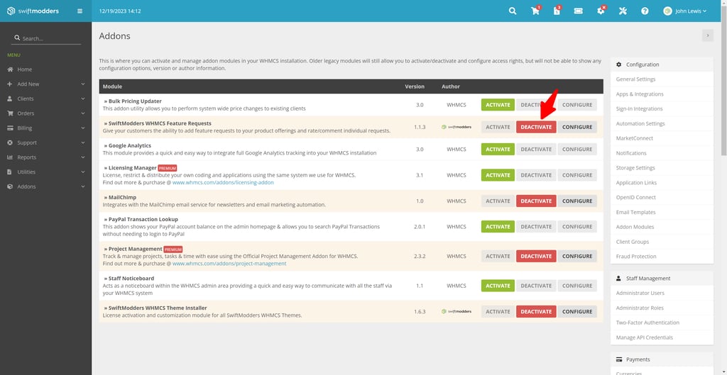 Uninstall the SwiftModders WHMCS Feature Request module