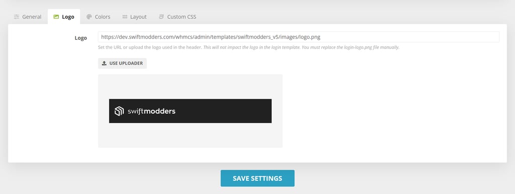 Logo settings for the SwiftModders WHMCS Admin Theme