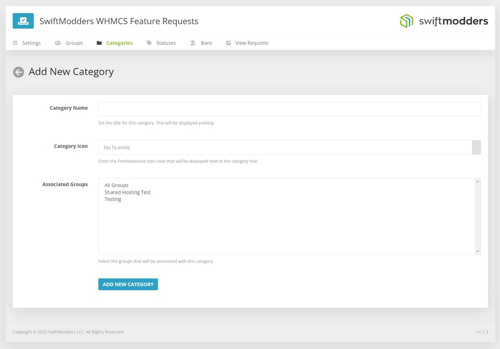 Add feature category to SwiftModders WHMCS Feature Request module