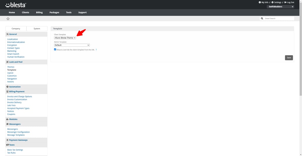 Changing the client template in Blesta