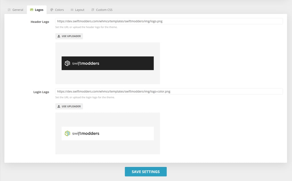 Logo settings for the SwiftModders WHMCS Client Theme