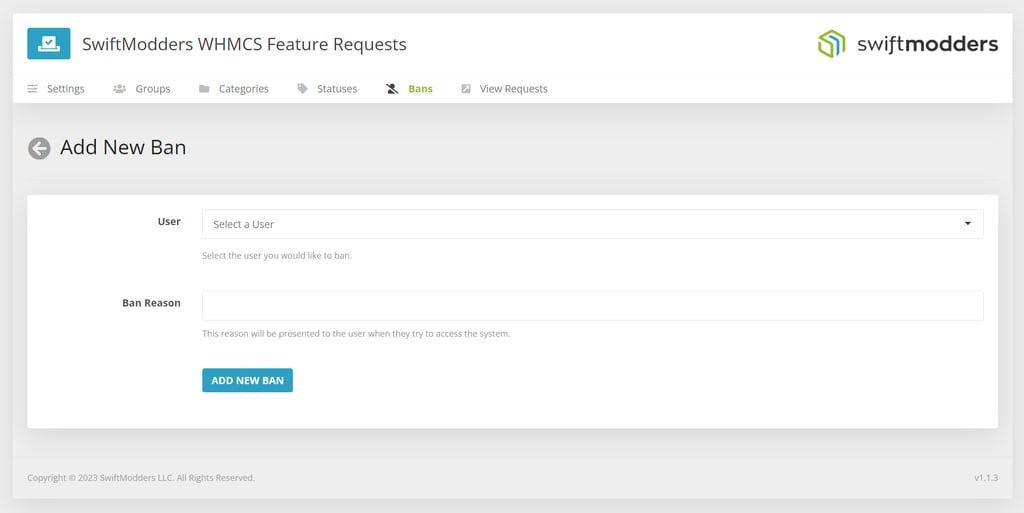 Banning a user in the SwiftModders WHMCS Feature Request module