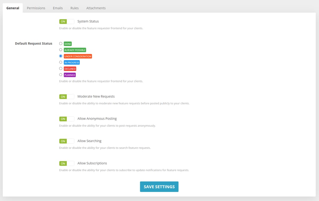 General settings in the SwiftModders WHMCS Feature Request module